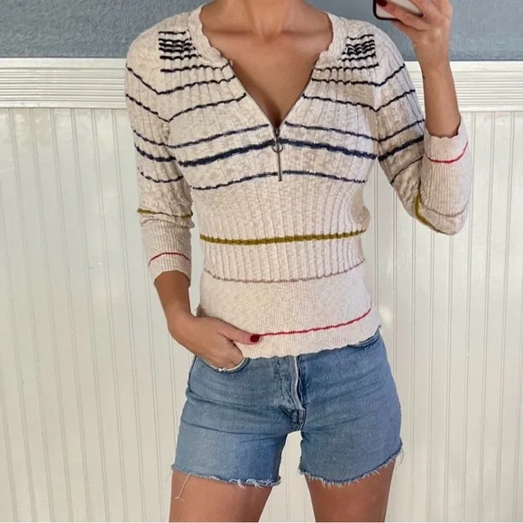 Free People multi colored STRIPED Henley ROSSI Ribbed Sweater Sz L - Picture 6 of 9